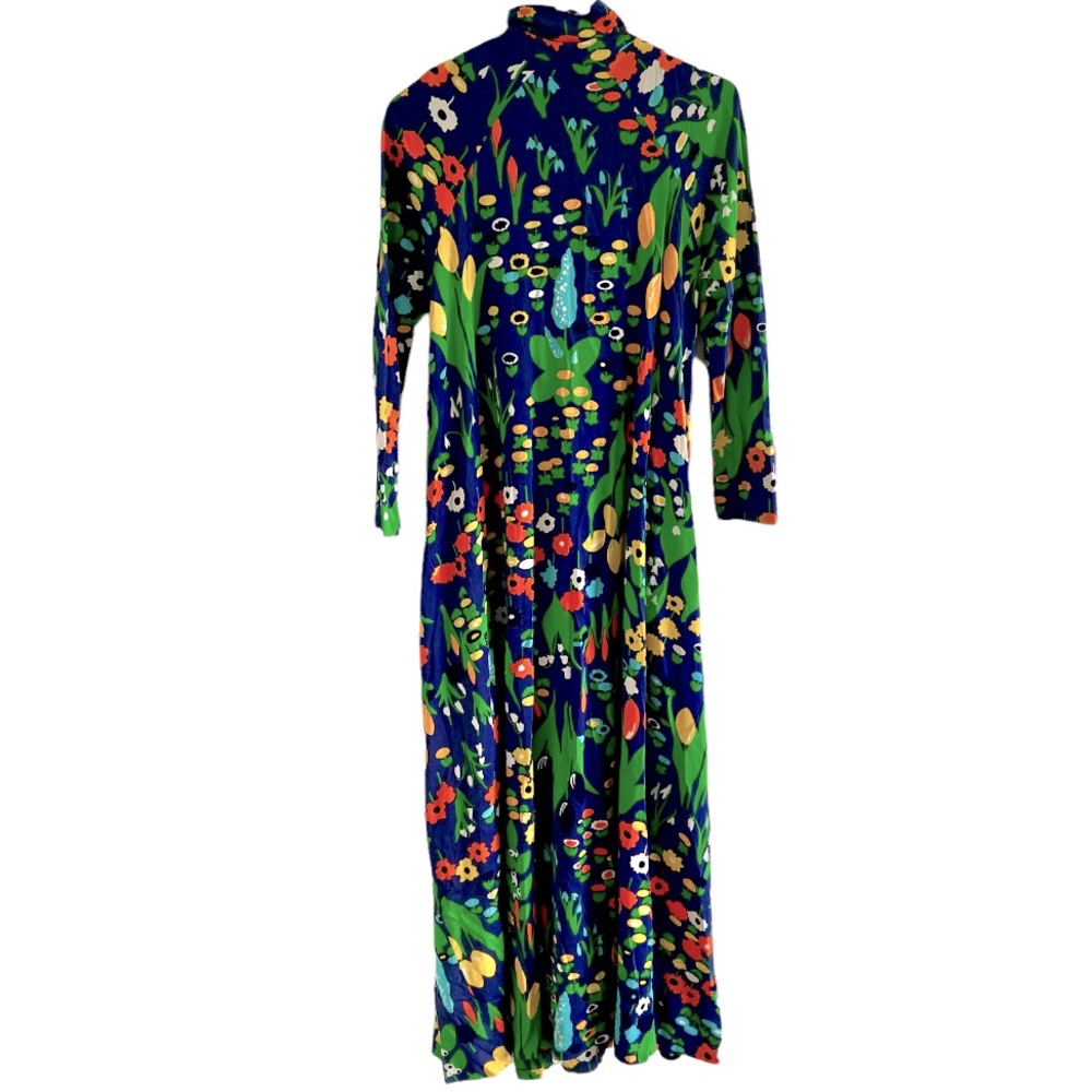 Saks Fifth Avenue • Vintage Floral Ruched Mock-Neck Maxi Dress Size M - Picture 3 of 8